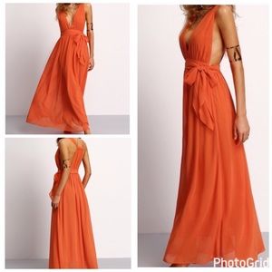 Orange Deep V Self Tie Maxi