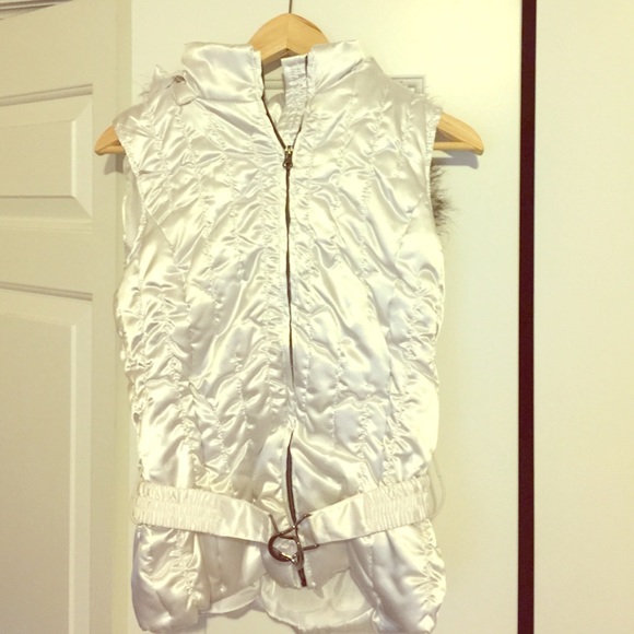 White winter vest with fur hood