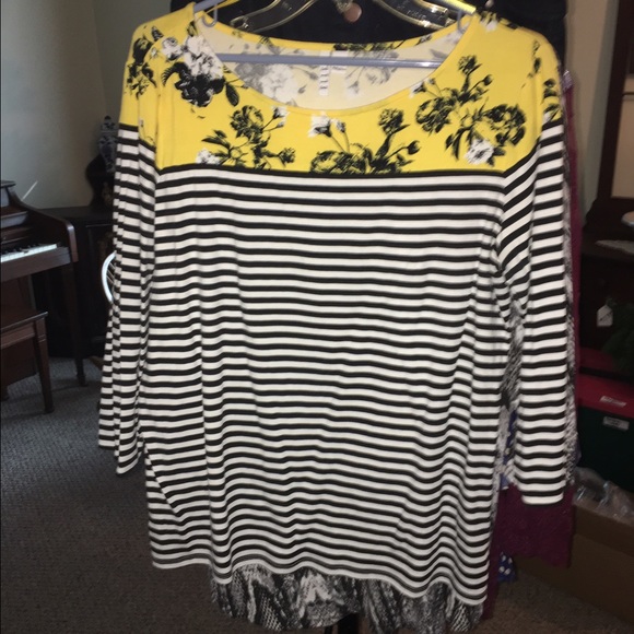 Floral, black, and white striped top