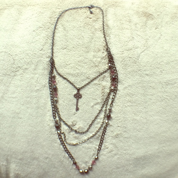 Black, silver and pink key necklace