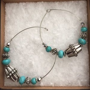 NWOT Turquoise and Silver Bead Hoop Earrings