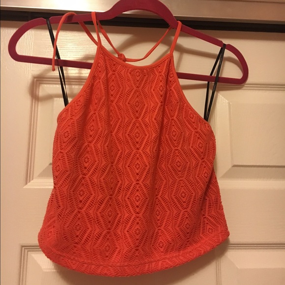 Coral lace halter crop top