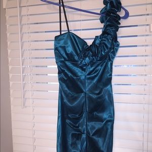 Teal one shoulder silk dress