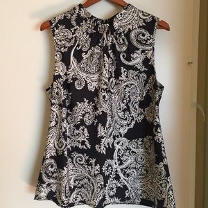 Sleeveless black and white paisley blouse