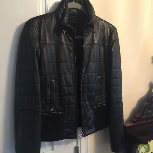 Elie Tahari Quilted Black Leather Bomber Jacket