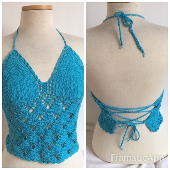 Tops - Turquoise hand crocheted 100% cotton halter top