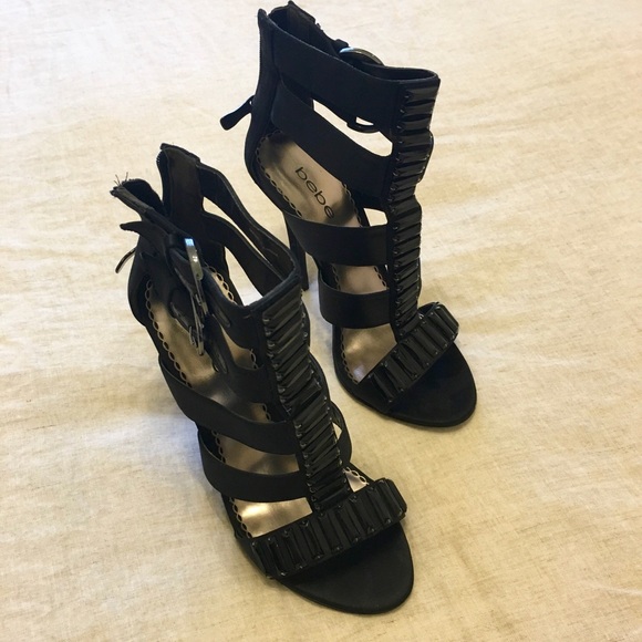 BEBE Black Jeweled Strappy Phoebe Heel