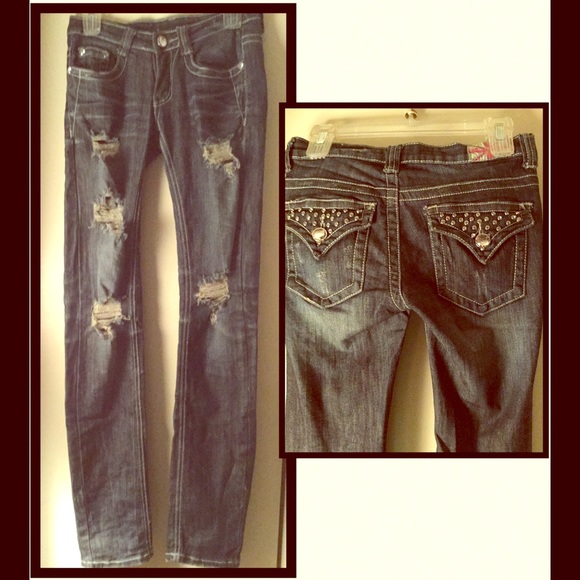 Distressed skinny ankle jeans, rhinestones, sz 3