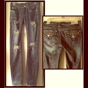 Distressed skinny ankle jeans, rhinestones, sz 3