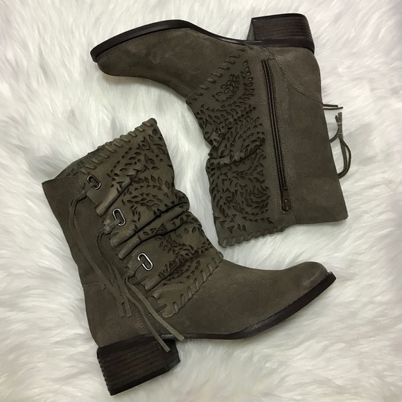 Laser Cut Fringe Suede Taupe Combat Boots - Picture 5 of 5