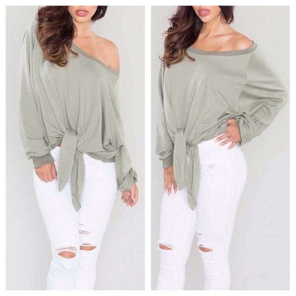 ▪️CLEARANCE *LAST1* Tie-front Sweatshirt - Olive - Picture 4 of 5