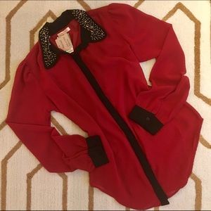 BNWT Red and Black Button-Down with Beaded Collar