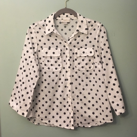 3/4 sleeve b&w polka dot blouse