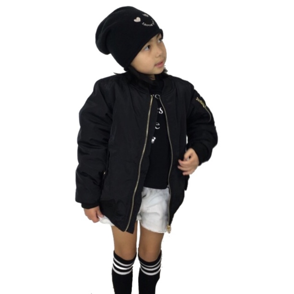 Little Girls Black Bomber Jacket with Gold Zippers