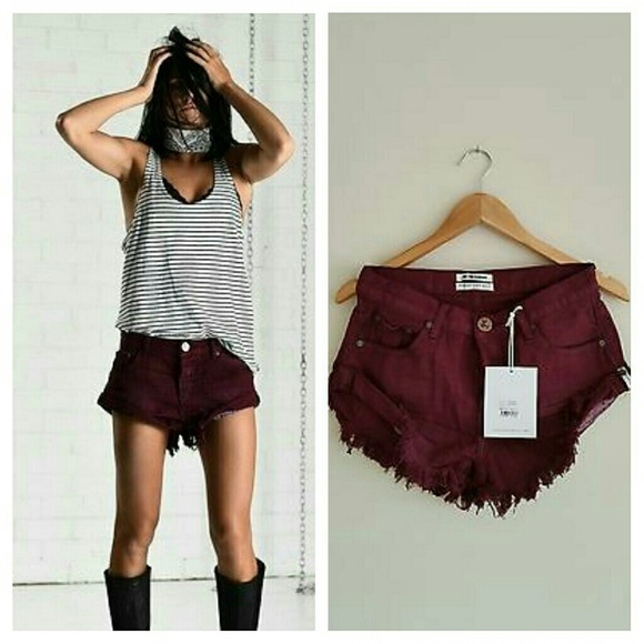 ONE Teaspoon Bordeaux Bandits Denim Raw Hem Shorts