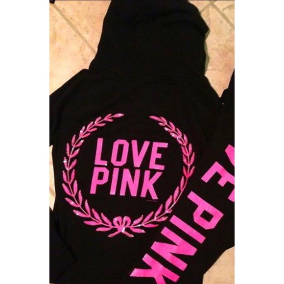 PINK Sequin Love Pink Zip Up Hoodie Black