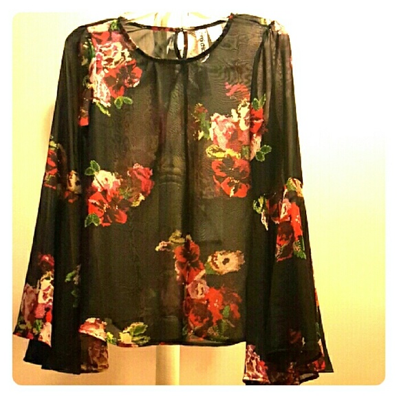SOLD.  Black Sheer Floral print bell sleeve top...