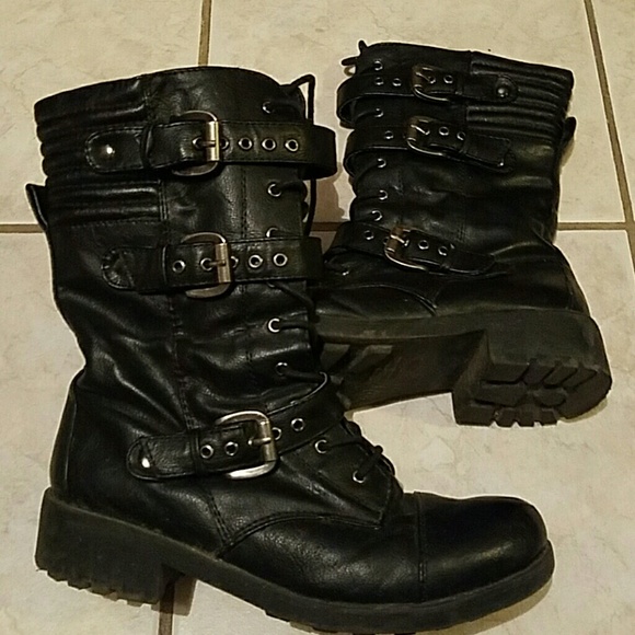 Black Lace Up/Zipper Buckle Combat boots
