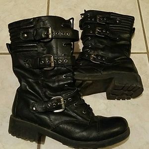 Black Lace Up/Zipper Buckle Combat boots