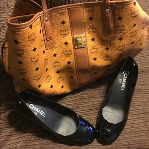 Chanel Patent Leather Cap Toe Pearl Heel Pumps