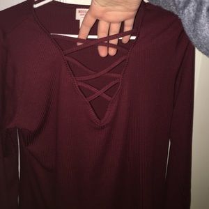 Maroon Lace Up V-Neck Top