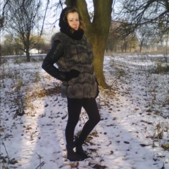 Faux leather and fox fur jacket winter coat - Picture 2 of 4
