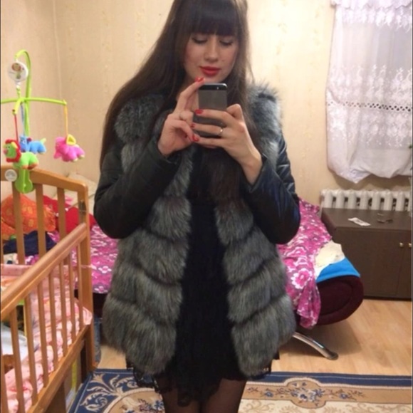 Faux leather and fox fur jacket winter coat - Picture 3 of 4