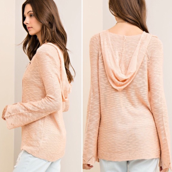 S-M Peach lace up knit hoodie top - Picture 3 of 6