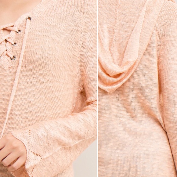 S-M Peach lace up knit hoodie top - Picture 4 of 6