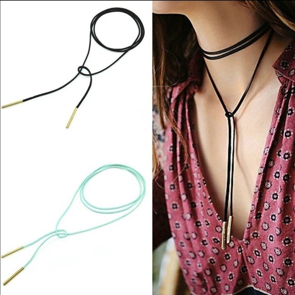 Elegant Long Black Leather Rope Copper Choker