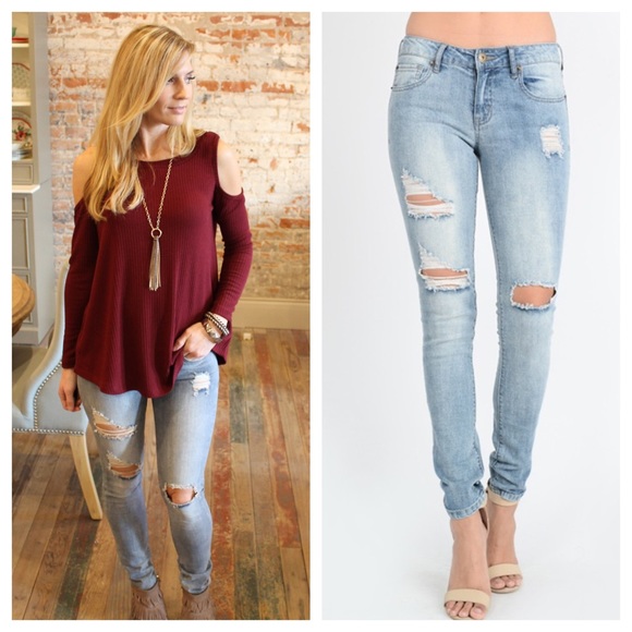 Denim - Light denim distressed skinny jeans