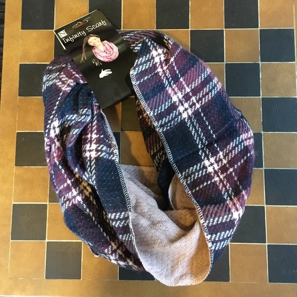 Purple, navy, pink and white plaid infinity scarf.