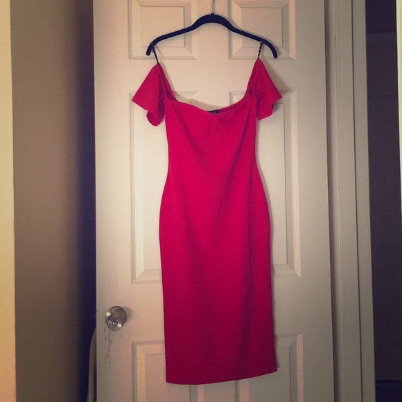 Stretch off the shoulder red dress.