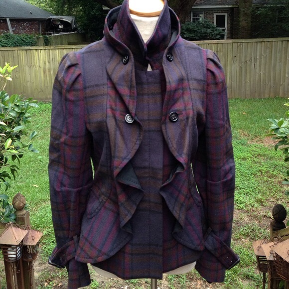BCBGMAXAZRIA Plaid Ruffle Military Coat