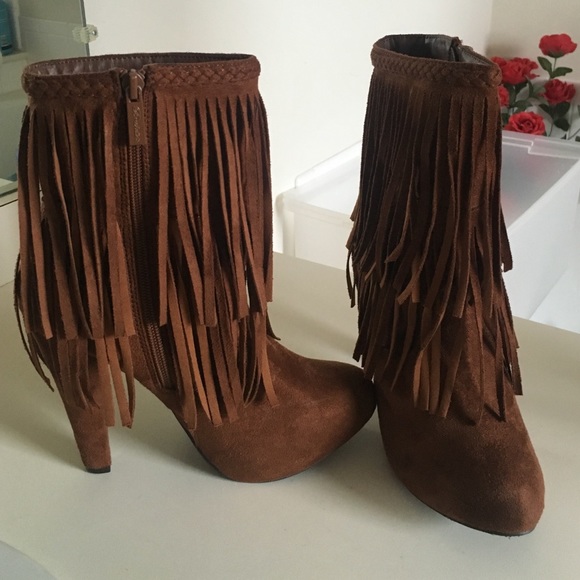 Brown Fringe Heel Boots Size 8