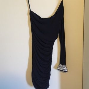 One sleeve navy blue formal dress