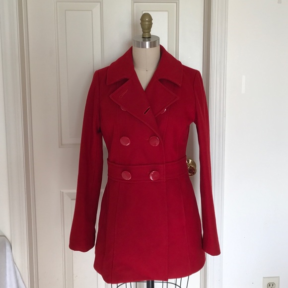 Red double breasted pea coat