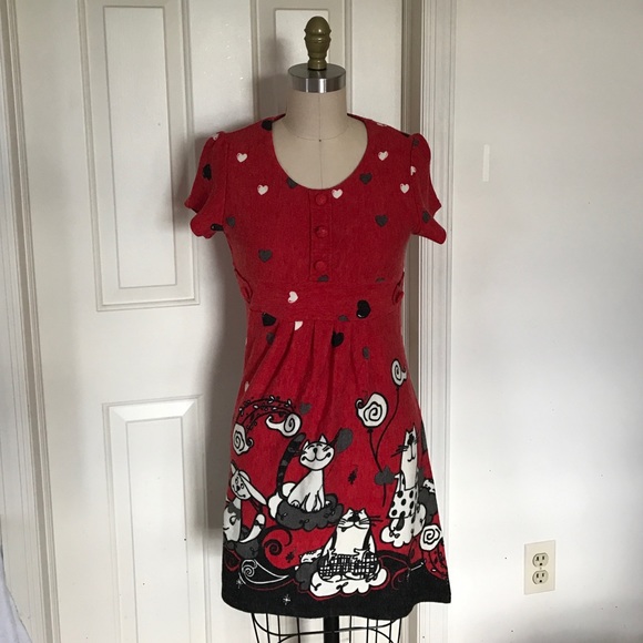 Adorable red sweater dress with cats