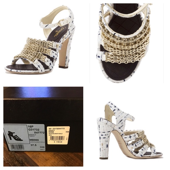 SOLD NIB CHANEL Tweed 16P Chain Sandals White Navy - Picture 4 of 7