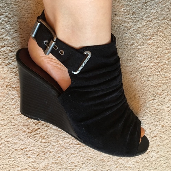 Black suede peep toe wedges