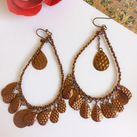 Brass Tone Large Teardrop Dangle Earrings - Picture 2 of 2