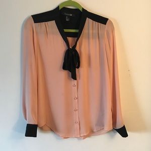 Pink/Black Color blocked button down blouse w/ bow