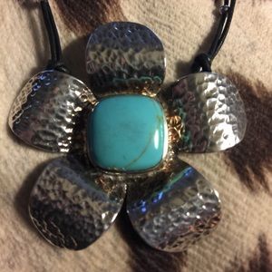 Turquoise Flower 925 SS Necklace on Leather Cord