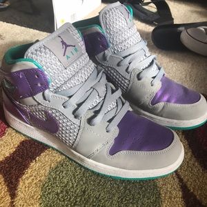 Air Jordan Retro 1 mid GS7 grey, purple, and teal