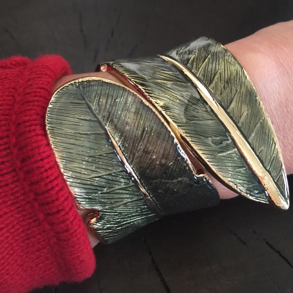 Gold & Greenish Blue Leaf Wrap Bangle Bracelet - Picture 2 of 4