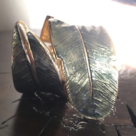 Gold & Greenish Blue Leaf Wrap Bangle Bracelet - Picture 3 of 4