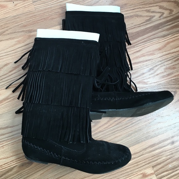 NWOT Black Fringe Suede Boots