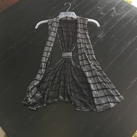 Gray and black striped sleeveless cardigan