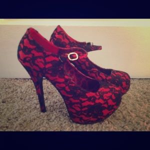 Red and black lace heels