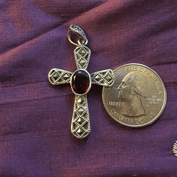Cross marcasite pendant with a garnet